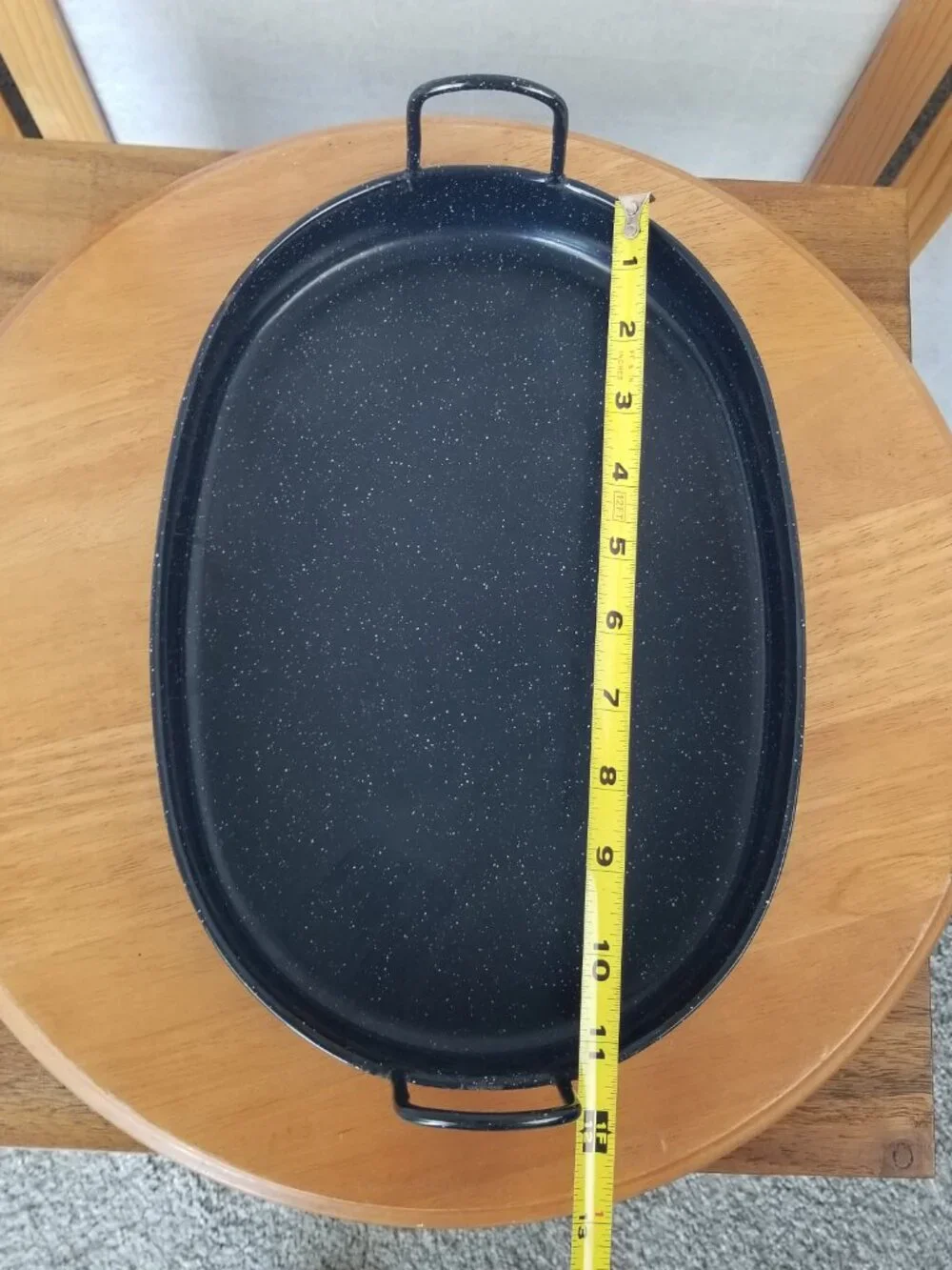Vintage Black Speckled Enamelware Roasting Pan Shallow Insert Tray w/Handles